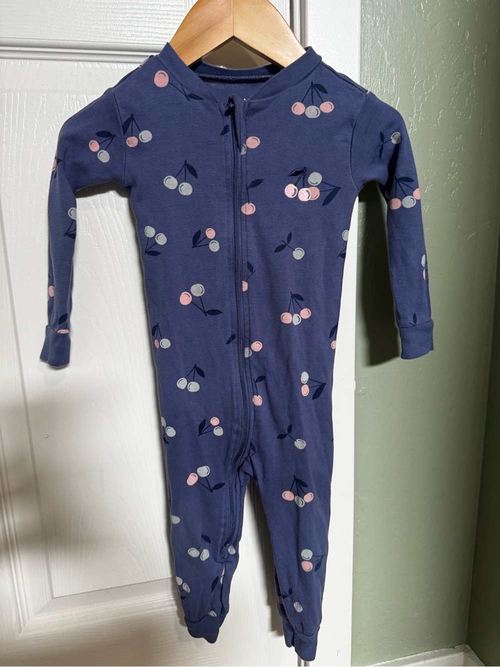 Navy Cherry-Print Zip Front Footed One-Piece